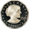 Image of the Susan B. Anthony dollar coin, U.S. Mint 1980 The stern profile of Susan B. Anthony