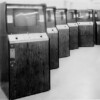 Image of Hit-N-Run cabinets, an arcade video game by Sanders Associates 1975 Lined up cabinets for another Sanders arcade game, Hit-N-Run